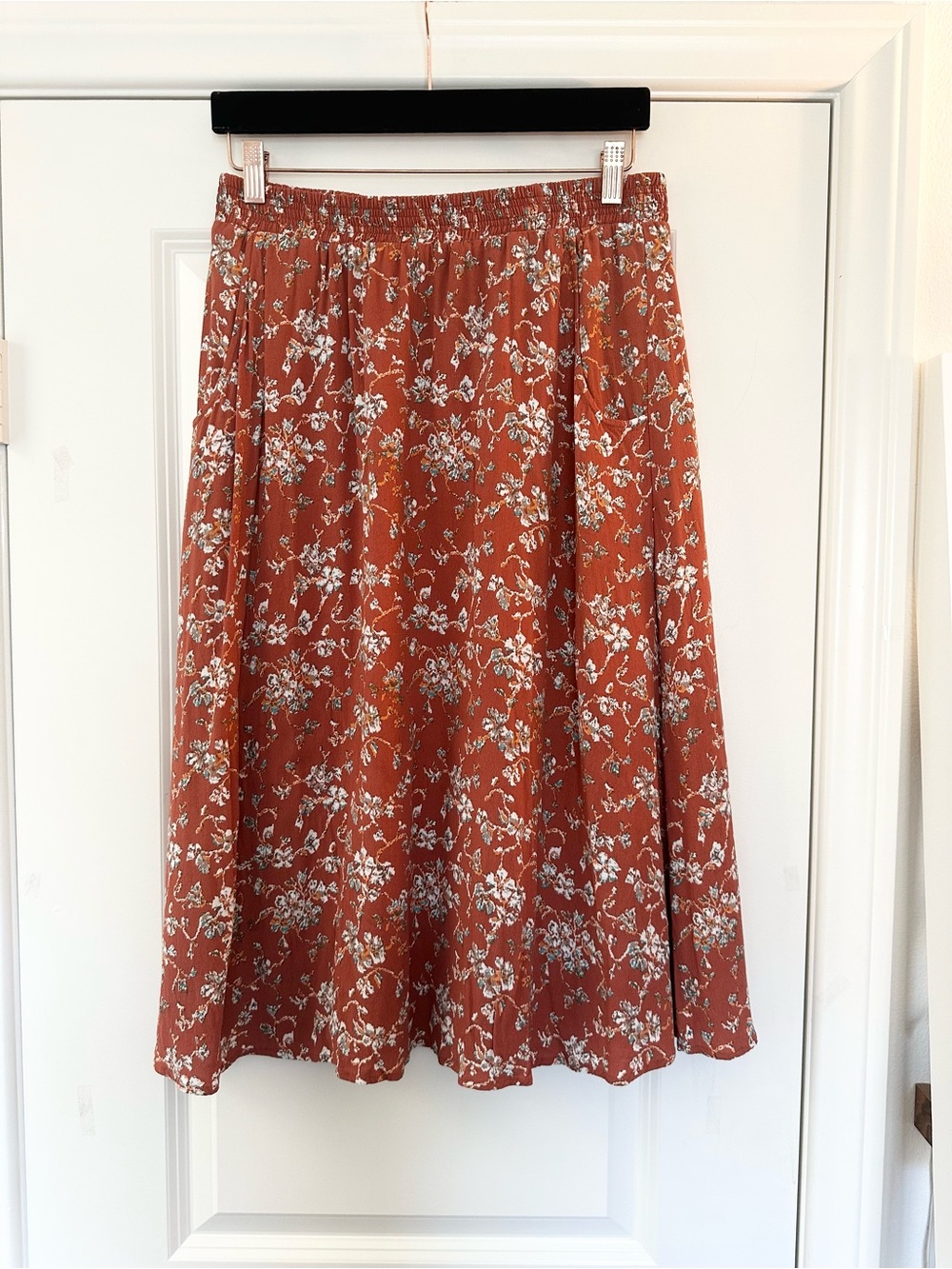 Garnet Hill Rust Floral Elastic-Waist Midi Skirt small